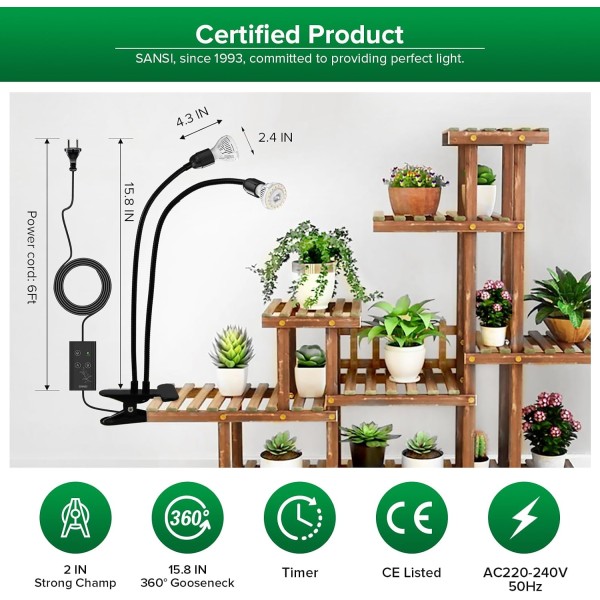 Lámpara LED para Plantas 20 W 2 Cabezales con Temporizador | SANSI
