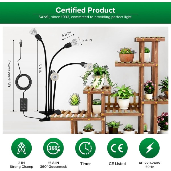 Lámpara LED para Plantas 30 W 3 Cabezales con Temporizador | SANSI